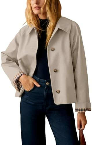 Dqbeng Womens Cropped Trench Coat Classic Collar Oversized Casual Jackets with Checkered Lining | Amazon (US)