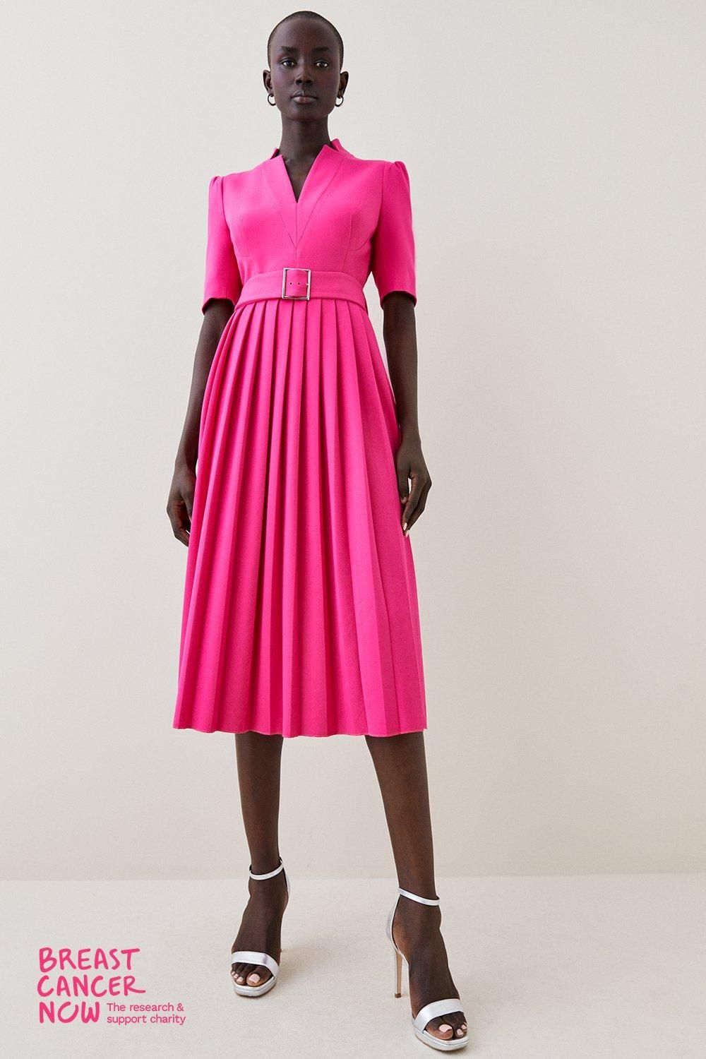 Structured Crepe Forever Pleat Belted Midi Dress | Karen Millen US