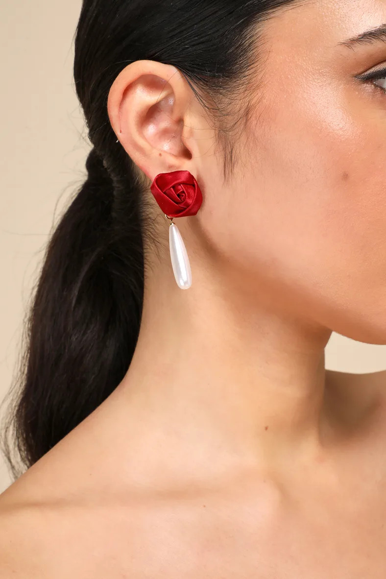 Sentimental Romance Red Satin Pearl Rosette Earrings | Lulus