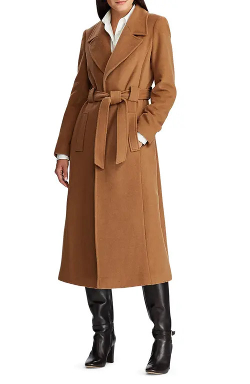 Lauren Ralph Lauren Belted Longline Wool Blend Wrap Coat in New Vicuna at Nordstrom, Size 8 | Nordstrom