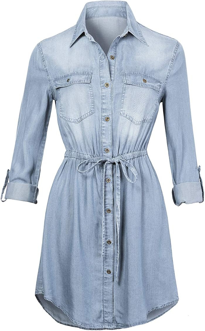 Anna-Kaci Women Jean Shirt Dress Long Sleeves Waist Ties Casual Short Chambray Denim | Amazon (US)