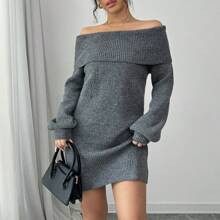 Loose Off Shoulder Long Sleeve Knitted Warm Gray Sweater Dress For Women, Autumn/Winter | SHEIN