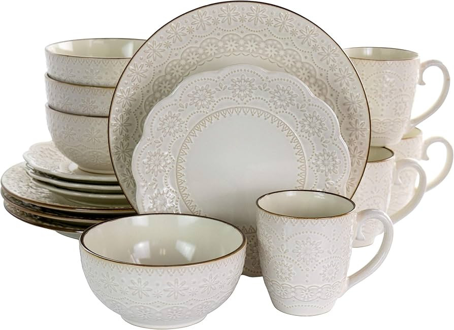 Elama Embossed Scalloped Stoneware Dinnerware Dish Set, 16 Piece, Ivory | Amazon (US)