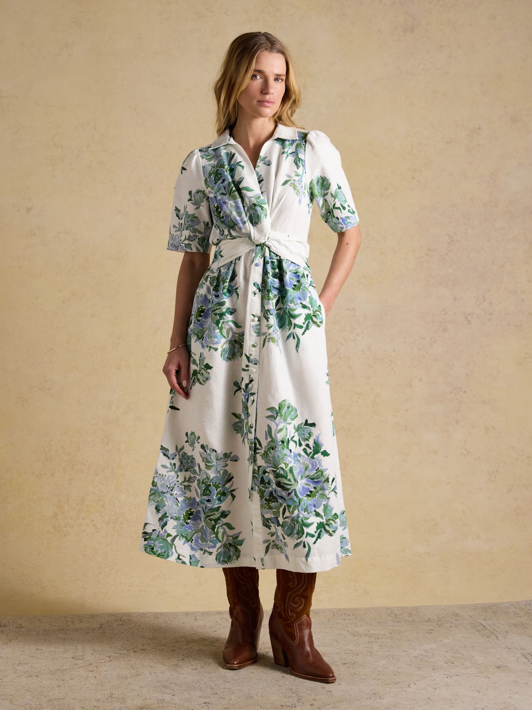 Marina White & Blue Floral Midi Linen Blend Dress | Joules | Joules
