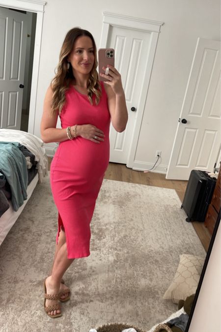 Maternity ribbed dress - runs small so size up one. I’m 5’9” and 38 weeks pregnant wearing size L but it is very stretchy.

#LTKbump
