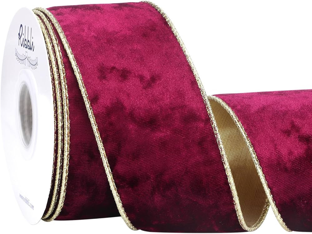 Ribbli Cinta de terciopelo burdeos con alambre de 2.5 pulgadas, cinta de Navidad de terciopelo tr... | Amazon (US)