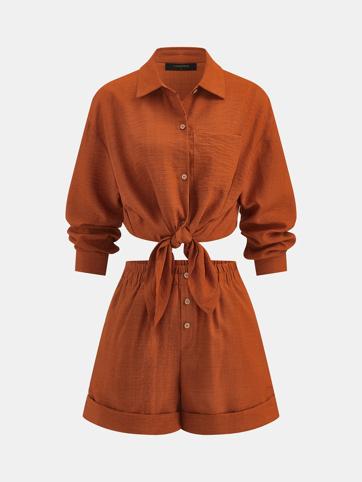 Cotton Linen Loose Shirt & Roll Cuff Shorts Set | Commense
