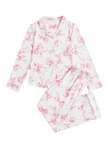 Verdusa Women's 2 Piece Pajama Sets Button Down Top and Pants Cute Pjs Pink White Small | Amazon (US)