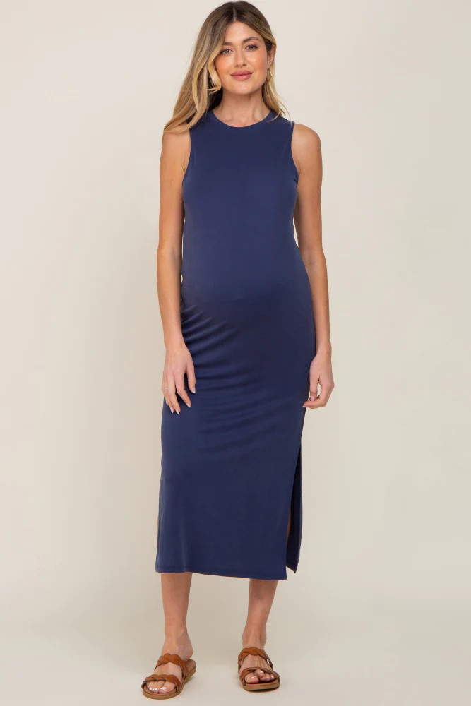 Navy Soft Knit Sleeveless Maternity Midi Dress | PinkBlush Maternity