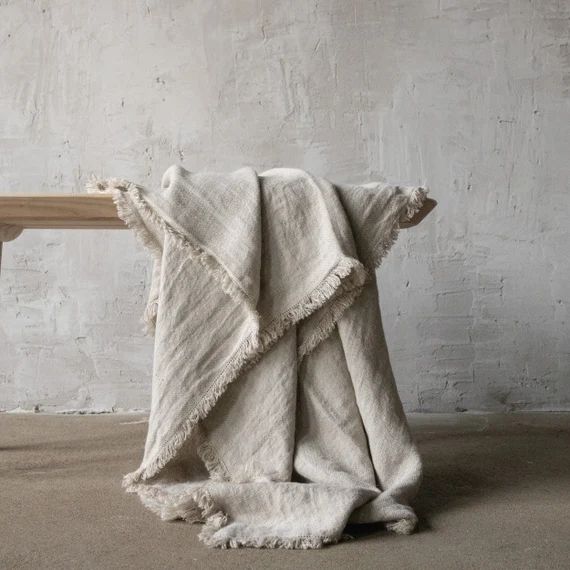 Linen Throw Blanket in Natural. Basket Weave Linen Fringed - Etsy | Etsy (US)