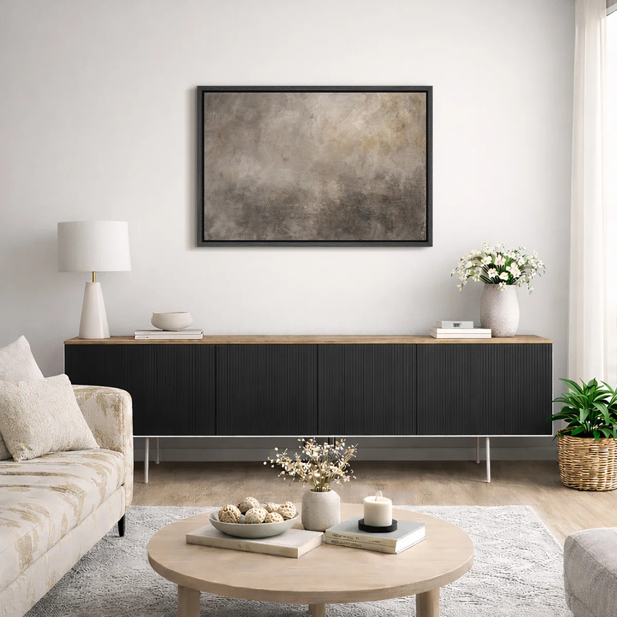 Warm Neutral Abstract Artwork, Minimalist Living Room Pictures, Framed Canvas Giclee Print Wall A... | Wayfair North America
