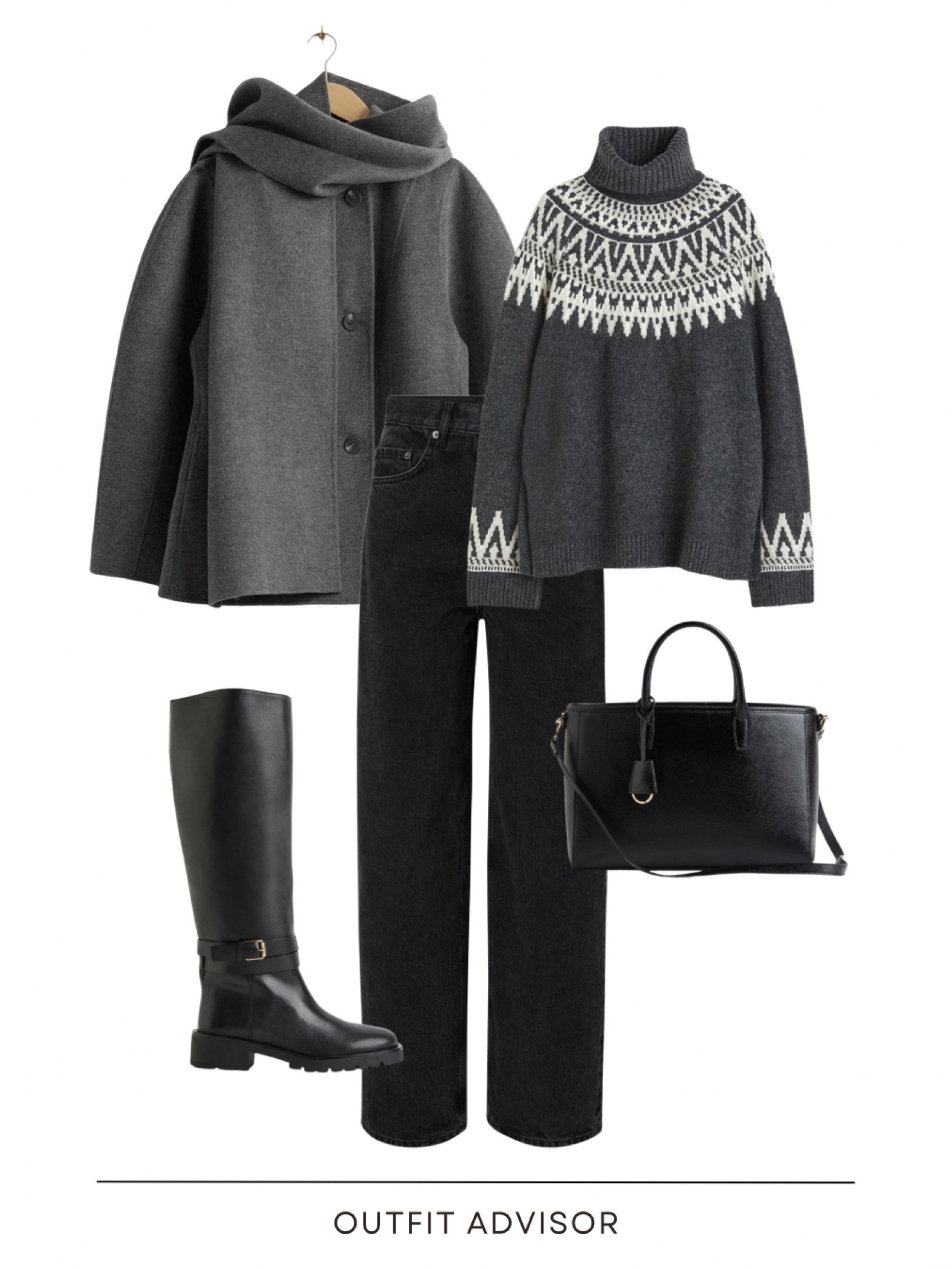 Chic fall/winter outfit inspo: a grey scarf coat, knit turtleneck jumper from h&m, black jeans, knee high boots & a small black handbag

#LTKmidsize #LTKstyletip #LTKshoecrush