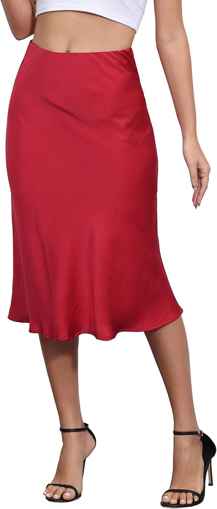 ALCEA ROSEA Womens Satin High Waisted Silky Midi Skirt Elastic A-line Skirt for Wedding Party Wor... | Amazon (US)
