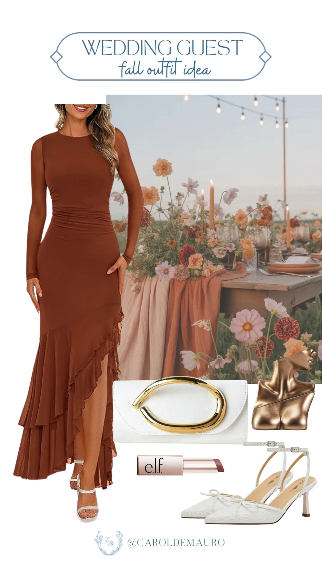 This rust colored ruffle gown is the perfect wedding guest look for fall! Romantic, warm toned, and made for golden hour photos.

wedding guest dress, fall wedding outfit, ruffle gown, formal fall outfit, autumn wedding attire, women's evening dress

#LTKootd #LTKSeasonal #LTKU