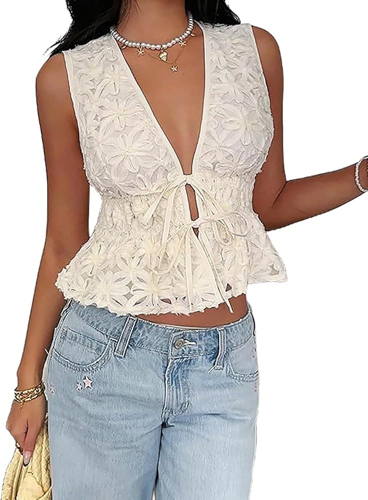 SHENHE Blusa de coqueta para mujer, con lazo en V profundo, con apliques florales, sin mangas, co... | Amazon (US)