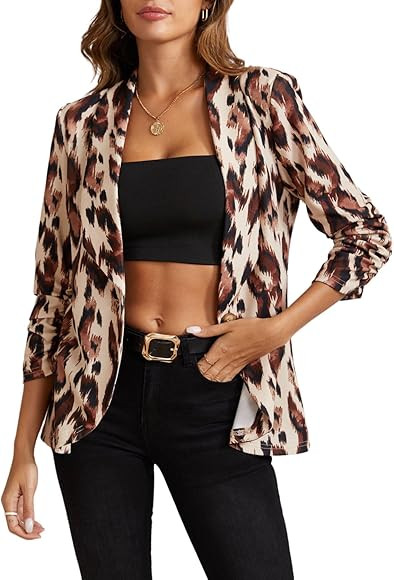 Verdusa Women's Leopard Print Ruched 3/4 Sleeve Shawl Collar Blazer Jacket | Amazon (US)