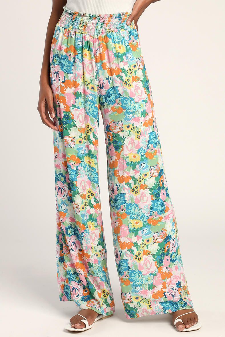 Blooming Mood Sage Floral Print Smocked Wide Leg Pants | Lulus (US)