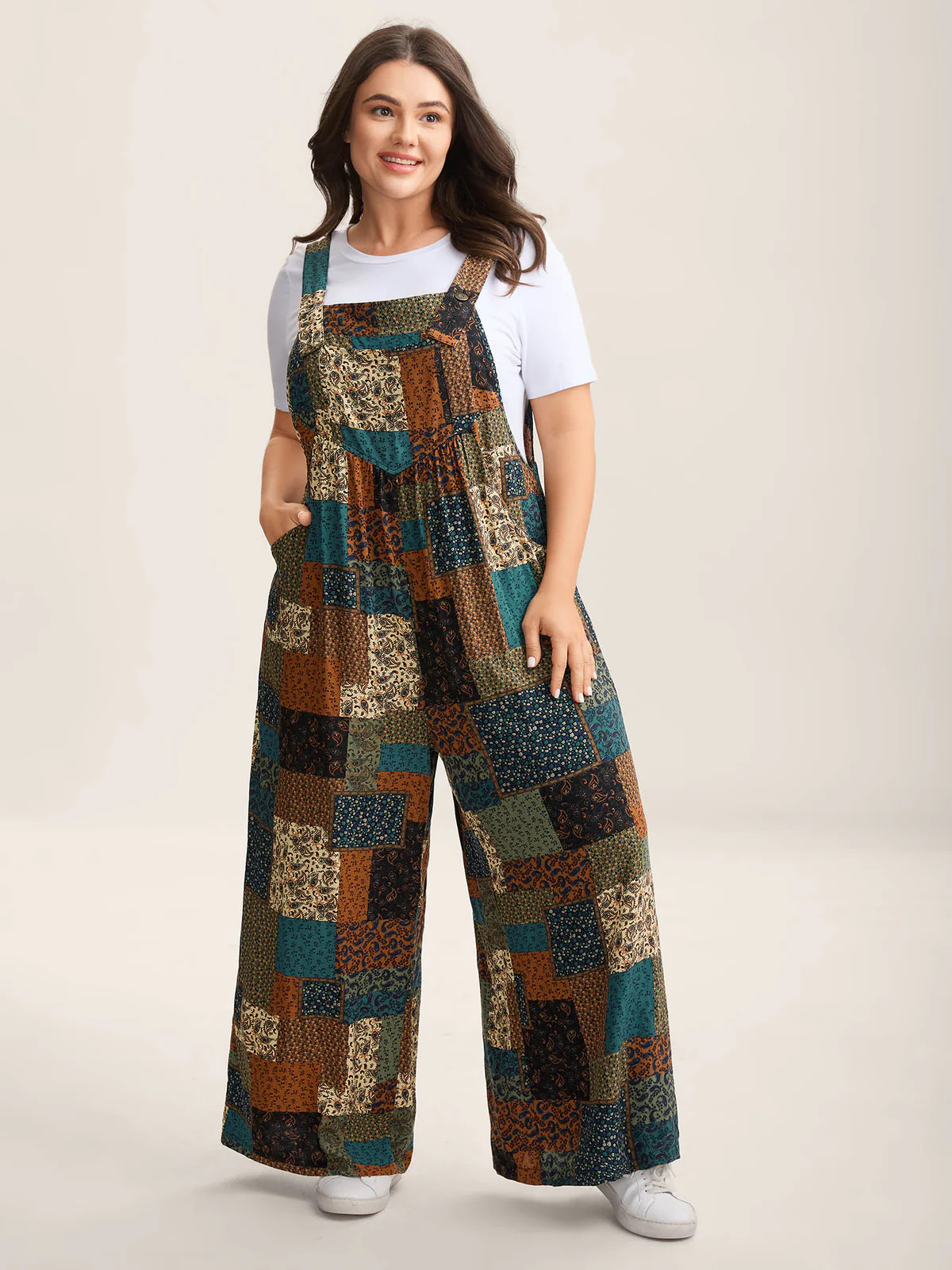 Vintage Boho Collage Overall Straps Jumpsuit | Bloomchic