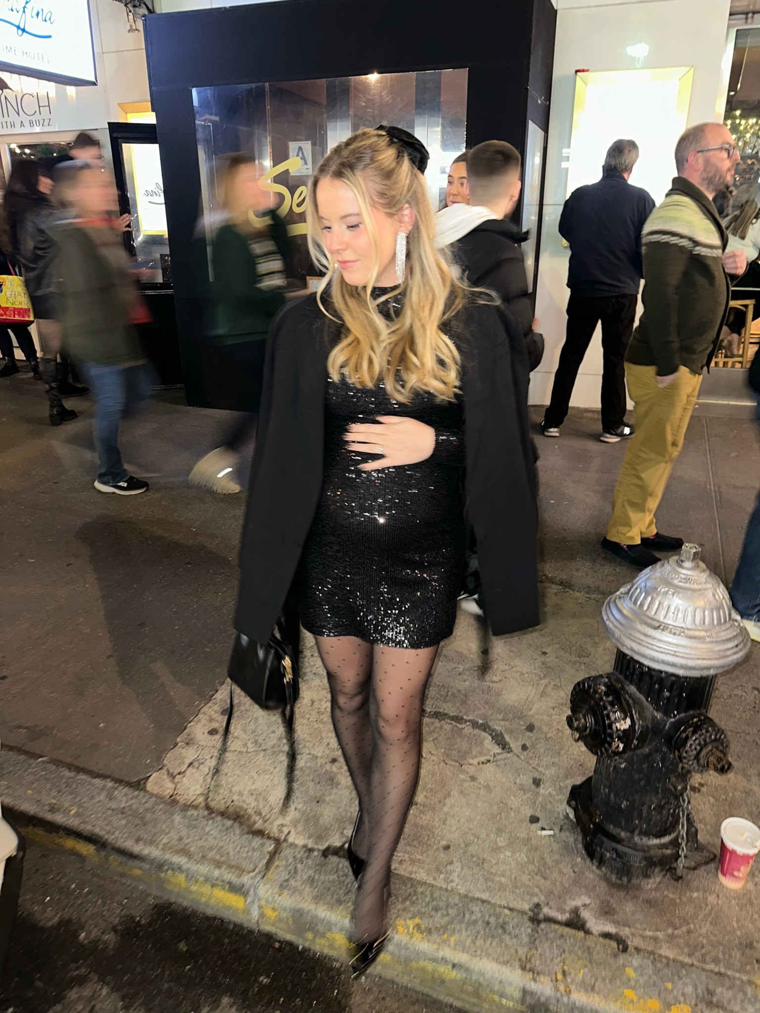 nyc outfit, holiday party outfit, sequin black dress 