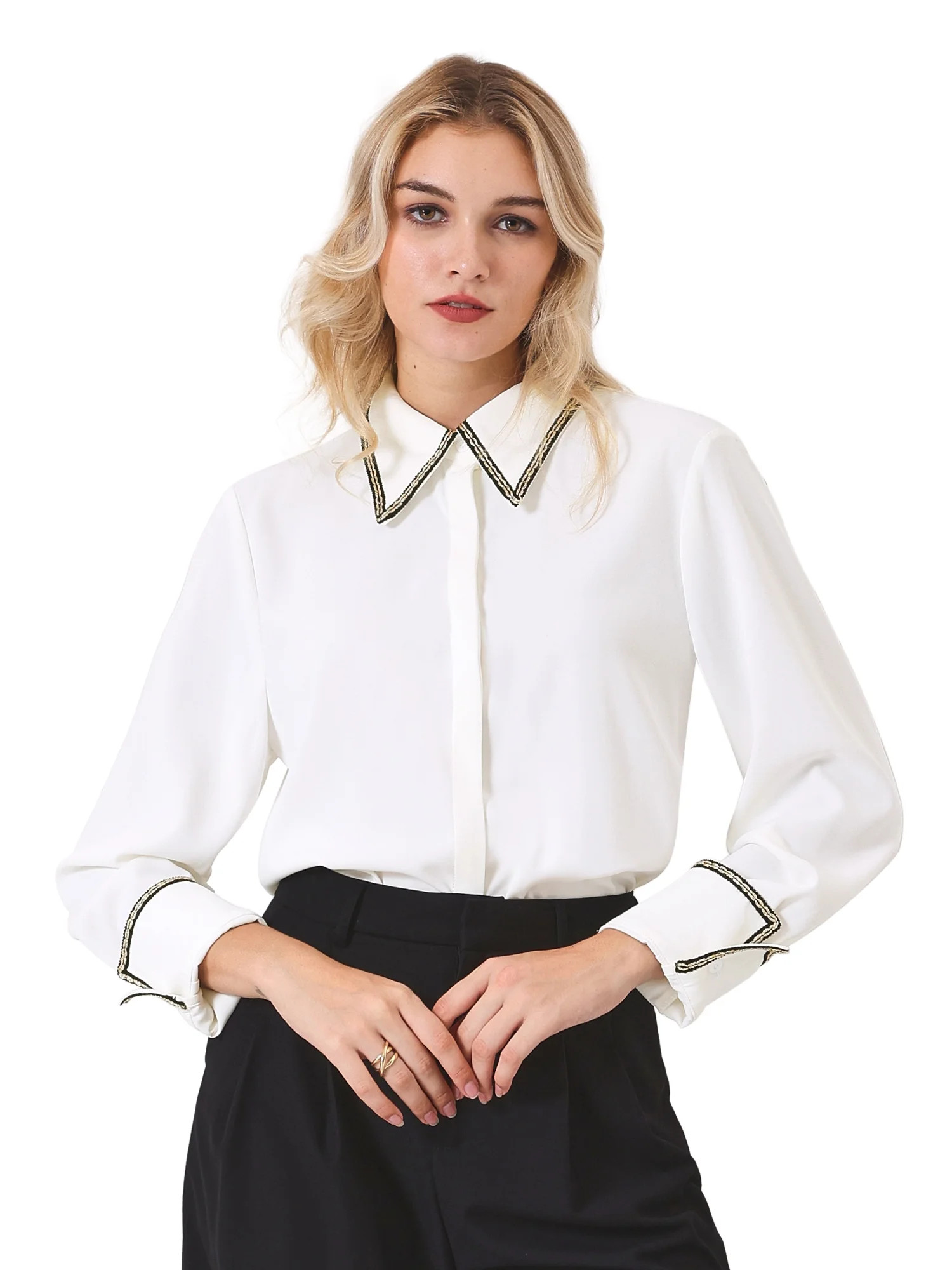 DARING DIVA Women's Button Down Shirt Tweed Trim Formal Work Blouse Top M White | Walmart (US)