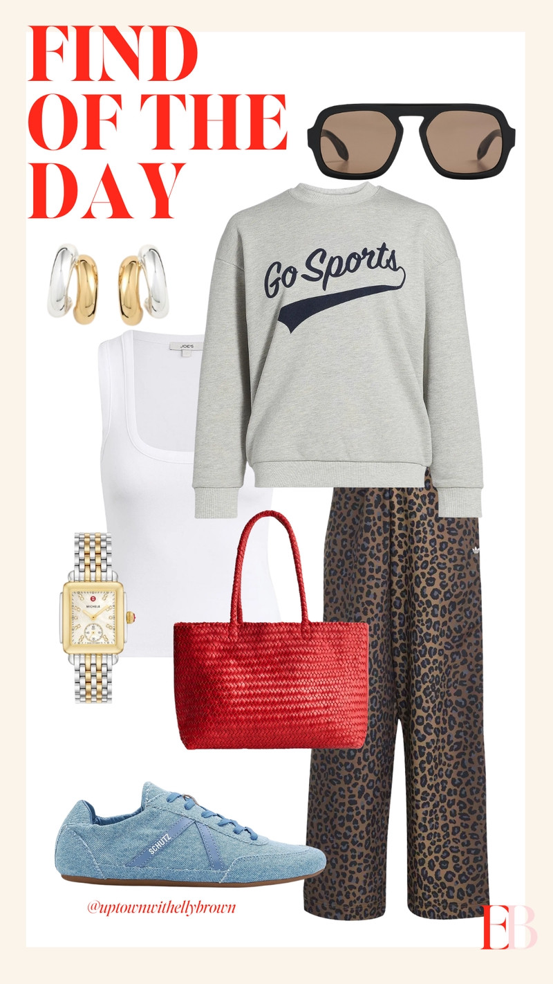 Today's Find of the Day: comfy pieces that all happen to be on sale right now. This "Go Sports" sweatshirt paired with leopard pants is giving off-duty-but-still-put-together, and these Schutz denim sneakers tie it all together without trying too hard. Linking the full look below. #sports 

 #LTKootd #LTKmomlife #LTKSaleAlert