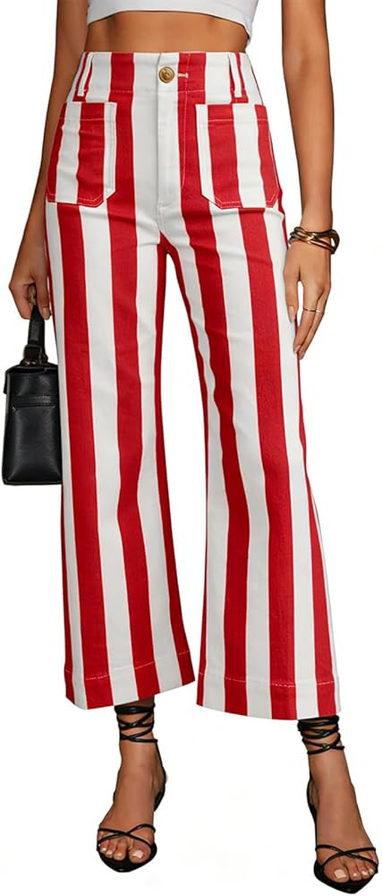 miduo Womens Fashion Buttoned Cropped Striped Straight Leg Pants High Waist Casual Capris Pants w... | Amazon (US)
