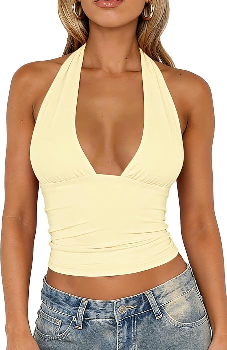TiulZial Womens Sexy Halter Tops Deep V Neck Backless Tank Top Open Back Sleeveless Slim Fit Y2k ... | Amazon (US)