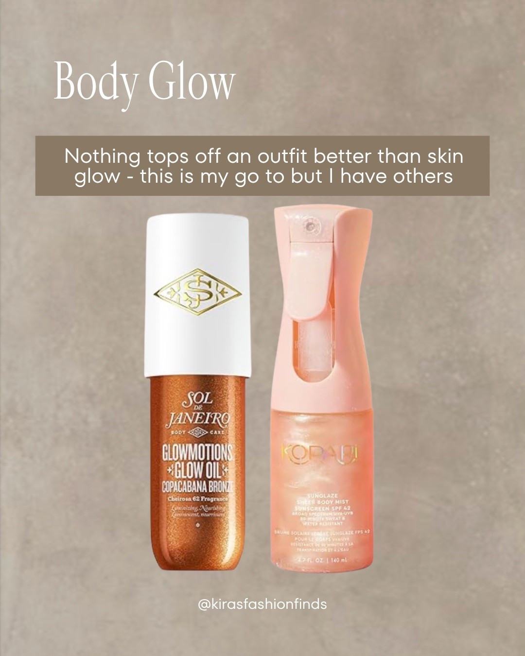 ✨ These body glows are some of my absolute favorites! They leave the prettiest glow on the skin without feeling greasy, making your skin look healthy, radiant, and sun-kissed. Perfect for summer, vacations, date nights, or anytime you want that effortless glow. I’m obsessed!

🤎 Estos body glows son de mis favoritos. Dejan la piel con un brillo precioso, natural y luminoso, sin sentirse pesados ni grasosos. Son perfectos para el verano, vacaciones, una salida especial o simplemente cuando quieres que tu piel luzca radiante. ¡Me encantan!

Shop the links below.

Follow me on Instagram and YouTube @kirasfashionfinds

#LTKBeauty #LTKSeasonal #LTKSwim