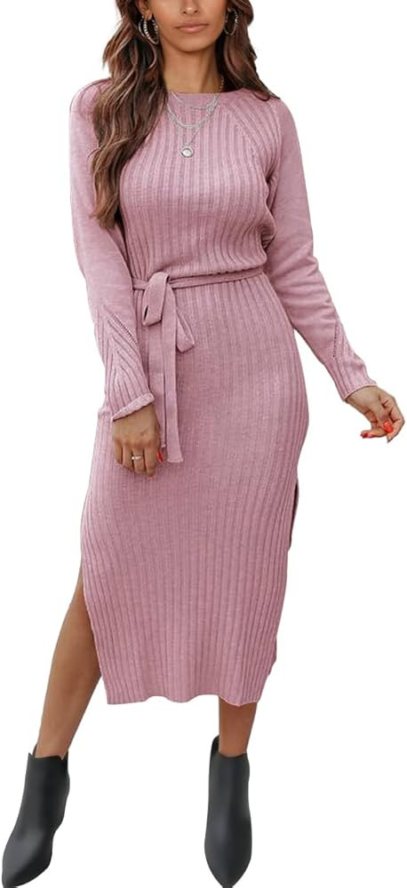 PRETTYGARDEN Women's Long Sleeve Crewneck Two Side Slit Tie Waist Slim Fit Sweater Dress Ribbed K... | Amazon (US)