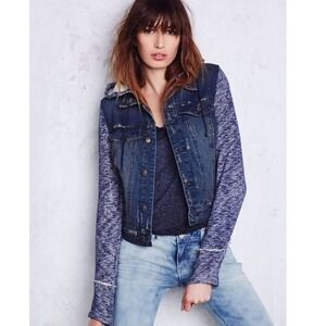 Free People Mixed Media Space Dye Knit Hooded Denim Jean Jacket Blue Size XS | Poshmark