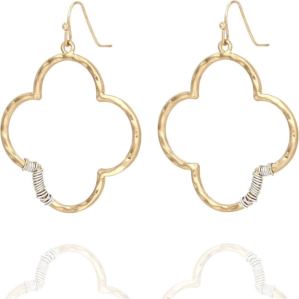 POMINA Quatrefoil Clover Dangle Drop Earrings Gold Silver Two Tone Textured Trendy Fashion Earrings  | Amazon (US)