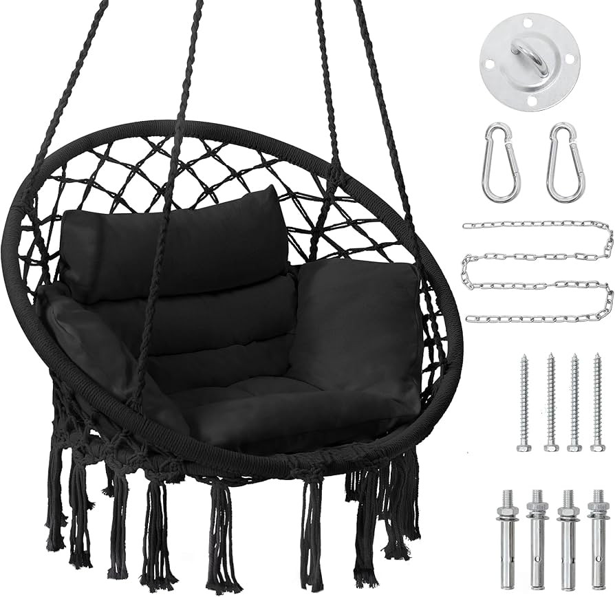 KROFEM Macrame Hammock Hanging Swinging Chair with Medium Cushion, Perfect for Bedroom, Porch, Ad... | Amazon (US)