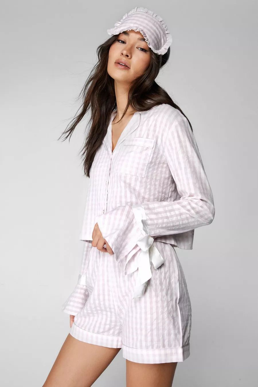 Cotton Gingham Ruffle Tie Sleeve 3pc Pyjama Shorts Set | Nasty Gal UK (+IE)