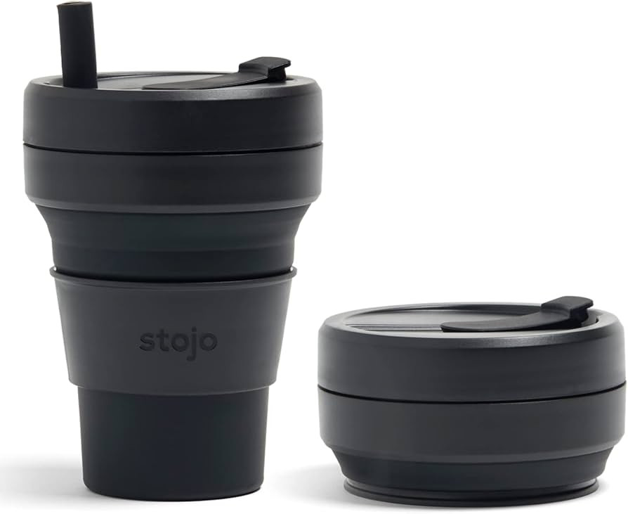 STOJO Collapsible Travel Cup With Straw - Ink Black, 16oz / 470ml - Reusable To-Go Pocket Size Si... | Amazon (US)