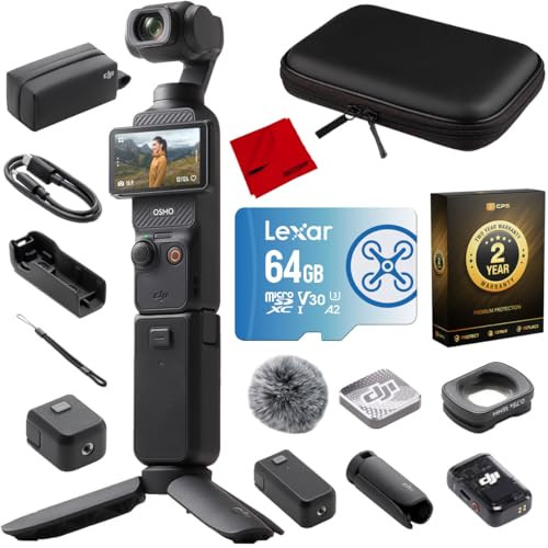 DJI Osmo Pocket 3 Creator Combo Gimbal Stabilizer with 1′′ CMOS & 4K/120fps Video, 3-Axis Stabilization Bundle with 10" Hard EVA Case, 64GB Memory Card and 2 YR CPS Enhanced Protection Pack | Amazon (US)