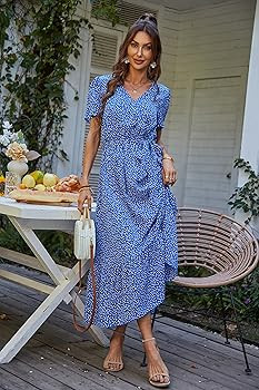 PRETTYGARDEN Women's 2023 Floral Summer Dress Wrap V Neck Short Sleeve Belted Ruffle Hem A-Line B... | Amazon (US)