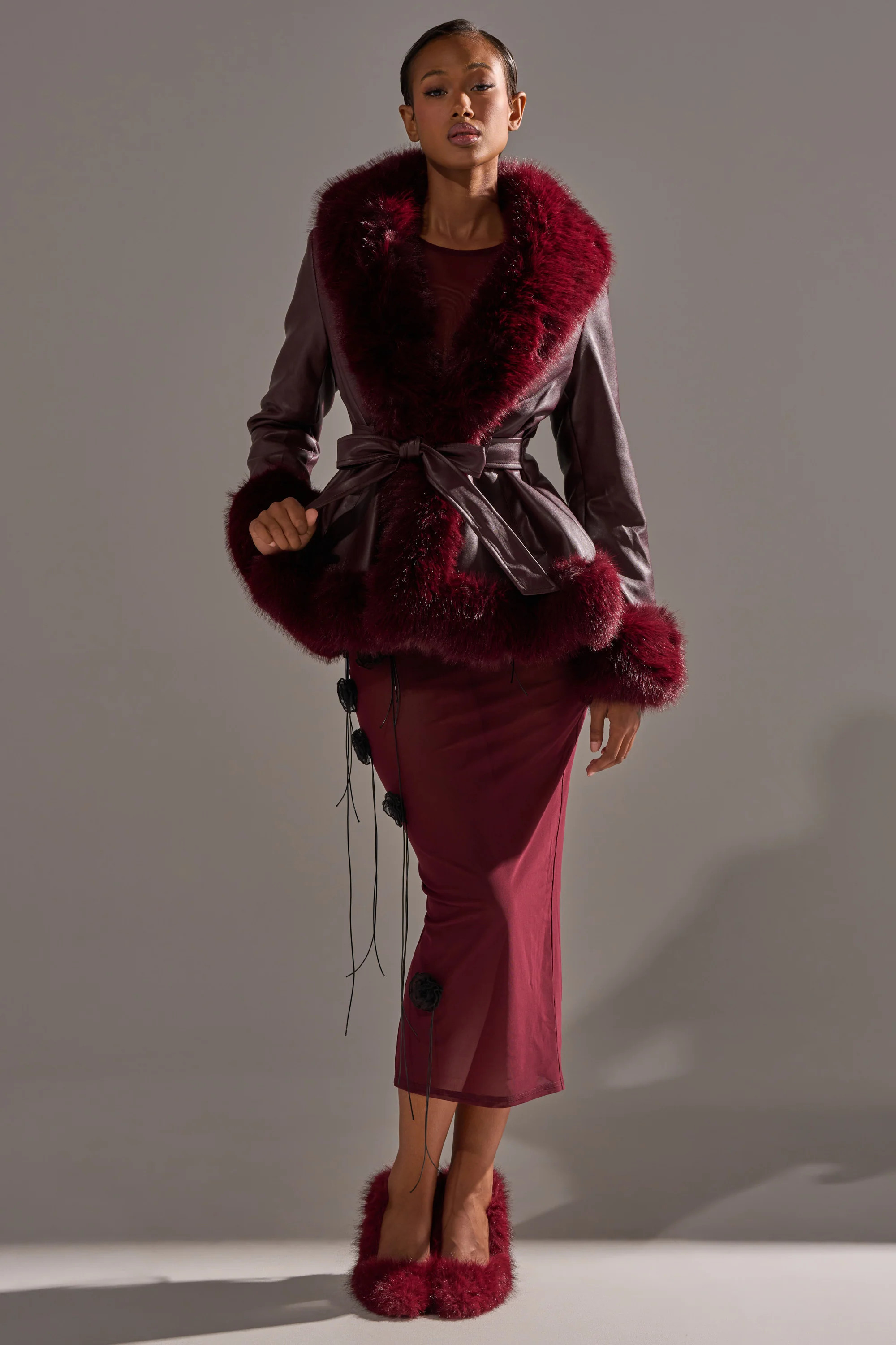 AKIRA Kenzy Fur Trim Moto Jacket | Burgundy | Size Large | AKIRA