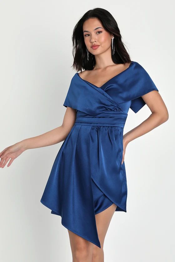 Always Celebrating Navy Blue Satin Off-the-Shoulder Mini Dress | Lulus (US)