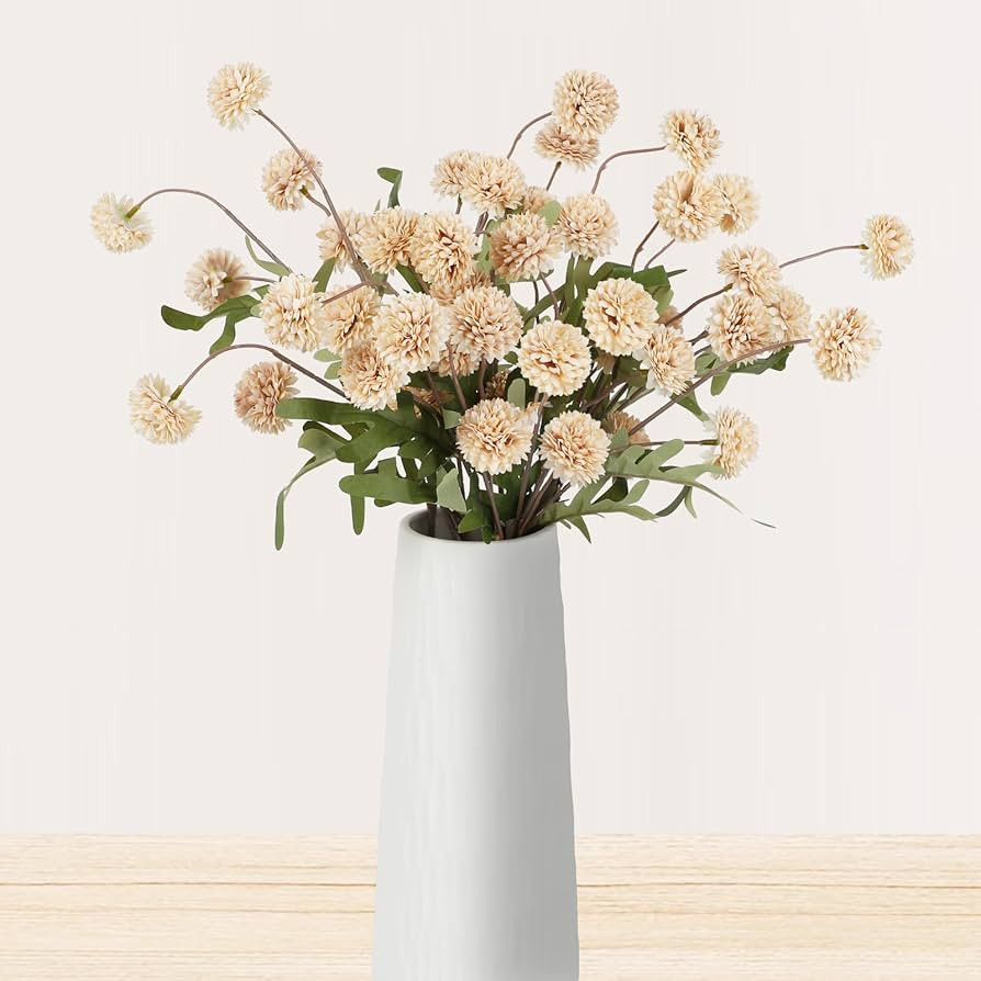 Beige Pompon Mums Artificial Flowers, 8pcs Stems Faux Silk Mini Chrysanth, Bulk Fake Wedding Fill... | Amazon (US)