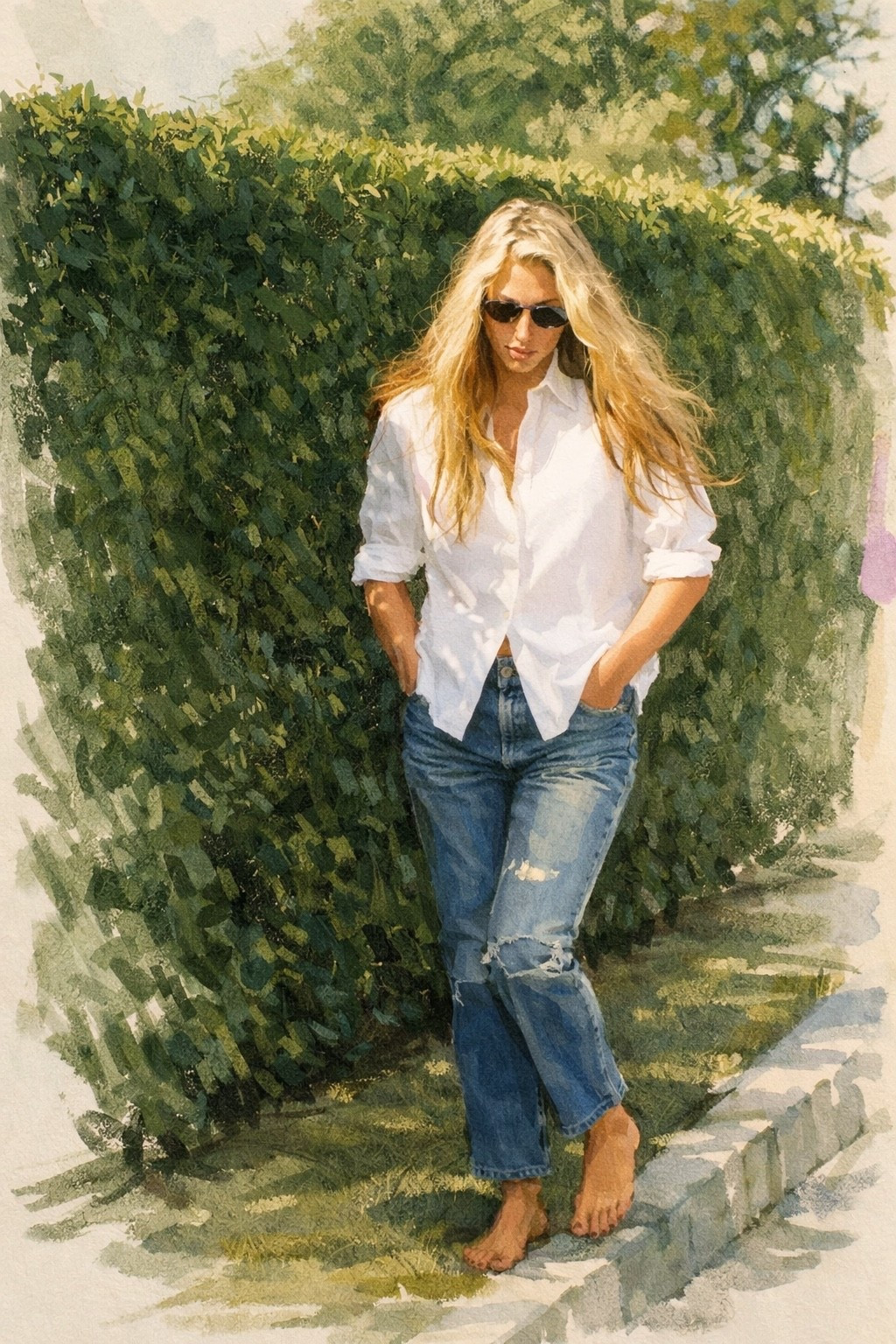 The Bootcut Boyfriend Jeans Carolyn Bessette-Kennedy Wore on Vacation! Carolyn Bessette-Kennedy on Martha’s Vineyard is one of my forever style references. It’s the same minimal, disciplined aesthetic she wore in New York, but relaxed into something effortless and coastal. Think slouchy, worn-in boyfriend jeans with a repaired knee, an oversized white button-down left easy and undone, and that perfectly imperfect, air-dried texture in her hair courtesy of salt, humidity, and ocean wind. Beach waves before beach waves were even a category. Add the black pedicure and the whole look becomes quietly iconic.