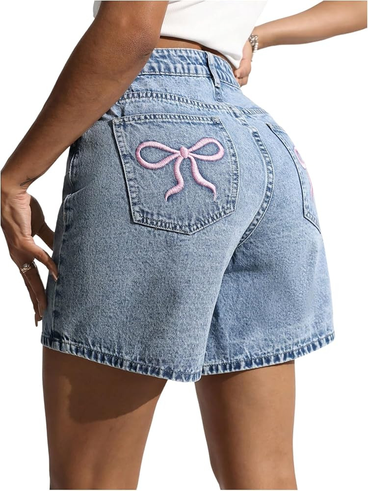 WDIRARA Women's Bow Embroidered Denim Shorts Y2k Straight Leg Jean Shorts | Amazon (US)