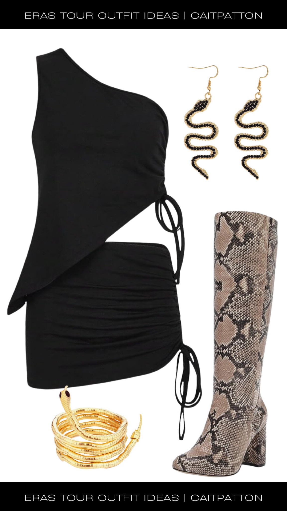 Cute reputation eras tour outfit idea! Pair the snakeskin tall boots with this cute two piece black set, a snake bracelet and snake earrings! Snakeskin boots, tall boots, heeled boots, black set, two piece set, skirt set, black skirt set, black snake earrings, gold snake bracelet, Reputation outfits, reputation outfit, reputation outfit ideas, reputation outfit inspo, rep outfit, rep inspo, rep outfits, rep eras tour outfit, reputation eras tour outfit, Taylor swift eras tour outfit, Taylor swift outfit, eras tour outfit idea, eras tour outfits, reputation era, reputation Taylor's version 

#LTKFindsUnder50 #LTKFindsUnder100 #LTKShoeCrush