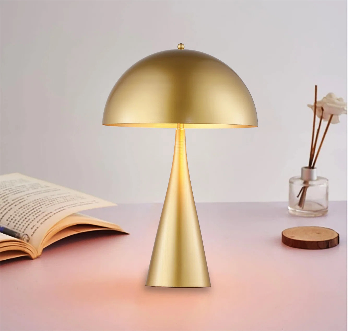 Tinasha American Retro Mushroom Design 2-Light Table Lamp With A Gold Dome Metal Shade | Wayfair North America