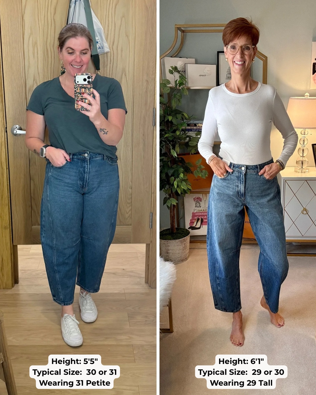 Denim Fit Check: Petite vs Tall
Same Jeans on 5'5" vs 6'1"

Our favorite jeans are the barrel jeans and fun fact, I found these because of Suzanne! They run TTS and I’m wearing the petite length and she is wearing the tall length! The jeans do come in other color options and they are on sale for 40% off? Plus you get an additional 25% off! 

#LTKSaleAlert #LTKTall #LTKPetite