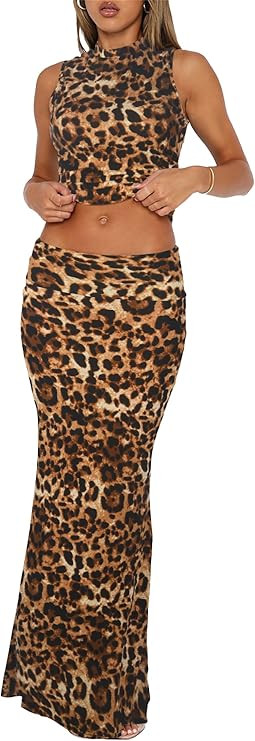 Skirt Sets Women 2 Piece Outfits - Sexy Two Pc Sleeveless Tank Crop Top Fold Over Maxi Long Skirt... | Amazon (US)