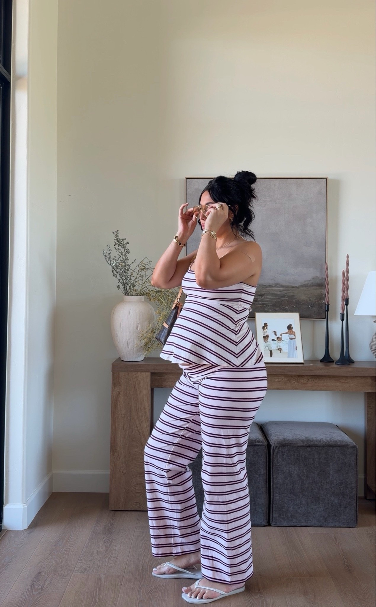 Wearing a size large in both :) I am 6 ft tall