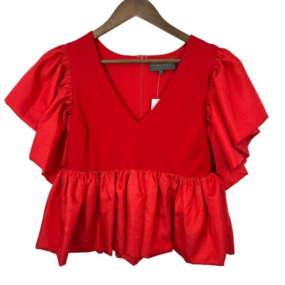 Sunday in Brooklyn Red Peplum Flutter Sleeve V-Neck Top\u200e Medium NWT Feminine | Poshmark