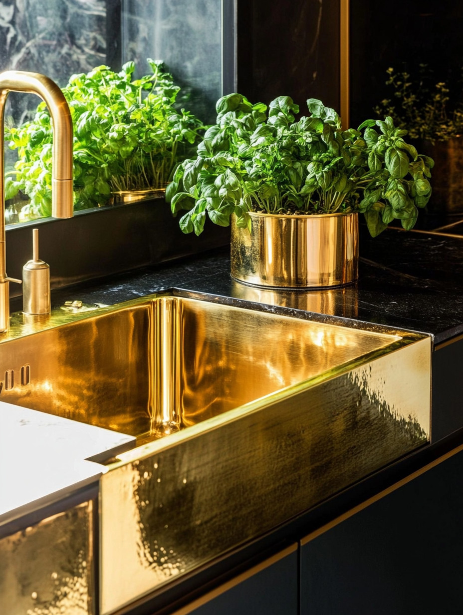 Gold and black are a timeless power combination that instantly elevates any kitchen into a space that feels luxurious, bold, and undeniably modern. A statement gold sink paired with a matching gold faucet becomes the focal point, reflecting light beautifully and adding warmth against deep black cabinetry or black stone countertops. Layer in a gold planter with fresh greenery to soften the look and introduce a natural element that balances the richness of metallic finishes. When combined with black appliances, this palette feels intentional, high-end, and refined—perfect for creating a kitchen that looks as elevated as it functions. This gold-and-black kitchen styling proves that thoughtful material choices can transform everyday spaces into modern luxury living.
#modernkitchen #luxurykitchen #quietluxury 

 #LTKHome