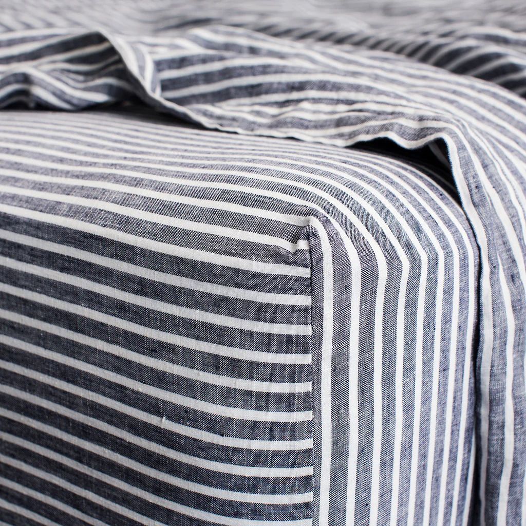 Linen Fitted Sheet - Indigo Stripe | Cultiver