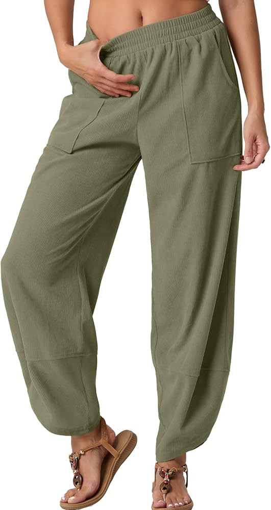 Womens Wide Leg Harem Pants Corduroy Palazzo Casual Loose Elastic Waist 2025 Travel Vacation Outf... | Amazon (US)